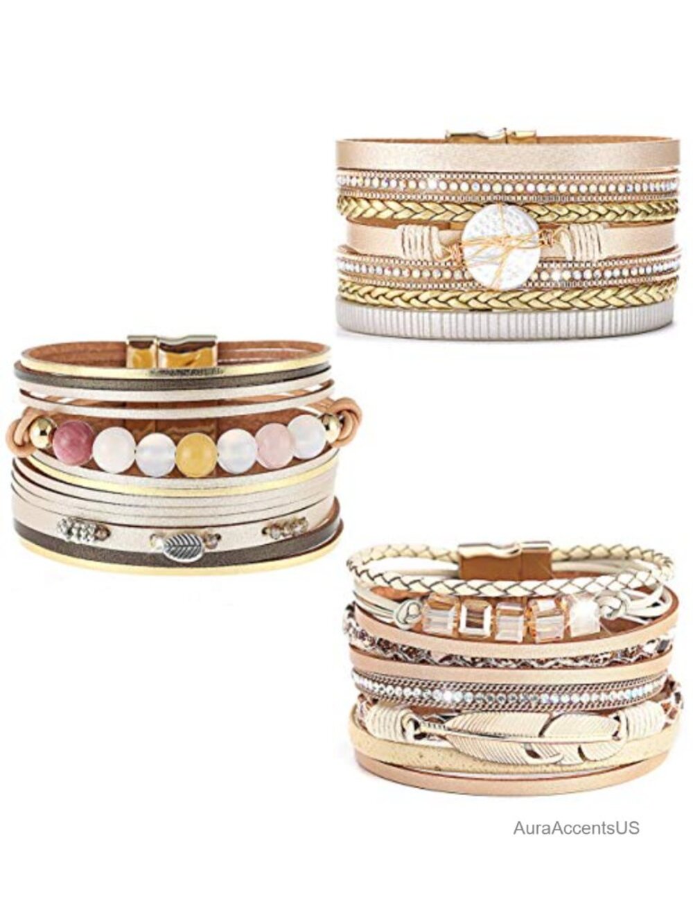 Leather Cuff Bracelet Set Multilayer Wrap Crystal Feather Magnetic Clasp